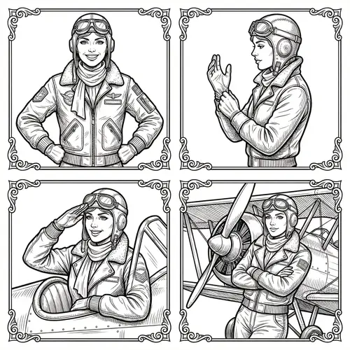 Vintage Female Pilot Line Drawing Art