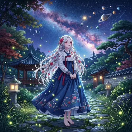 Anime-Style Girl with White Hair and Crimson Tears - Enchanting Scene