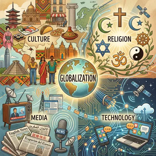 Globalization Collage: Culture, Religion, Media & Technology Elements