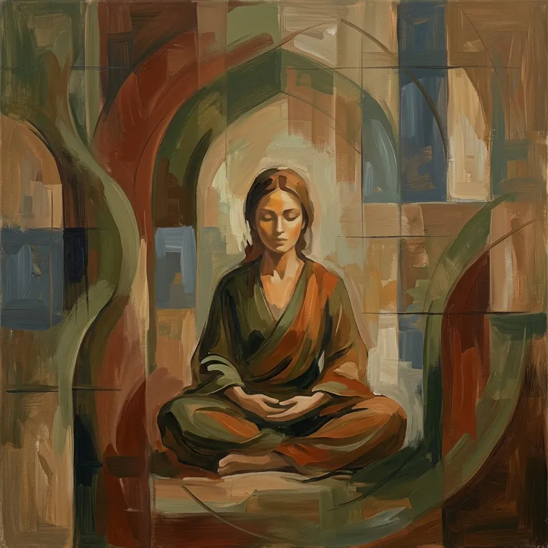 Abstract Portrait Painting - Woman Meditating in Monastery