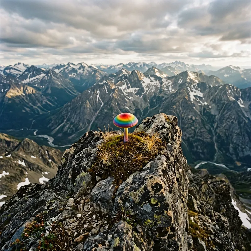 Rainbow Mushroom on a Lonely Peak - Cartoon Art Rainbow Mushroom on a Lonely Peak - Cartoon Art