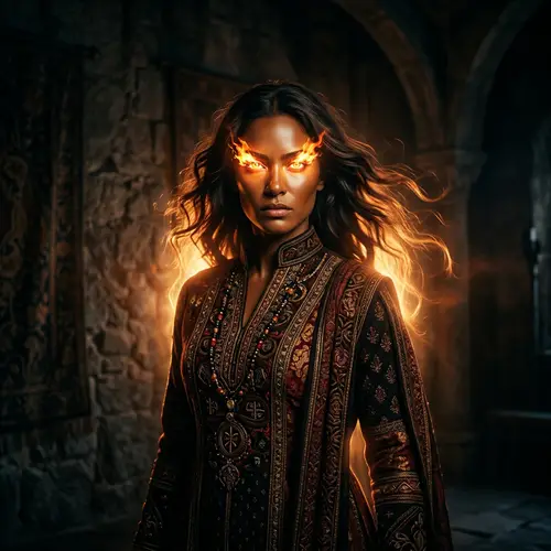 Fiery Gaze Woman - Mysterious Strength and Resilience