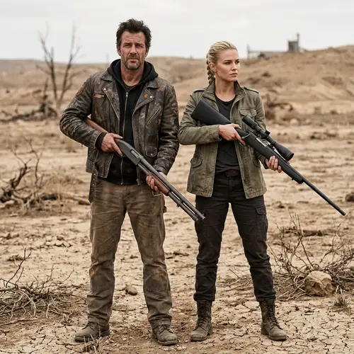 Post-Apocalyptic Duo: Rugged Man with Shotgun & Blonde Sniper Woman