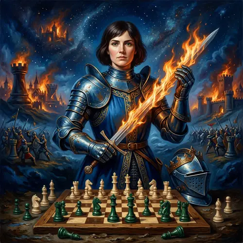 Triumphant Joan of Arc: Queen of Chess in Blue Armor