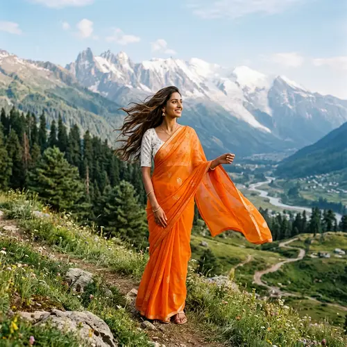 Elegant South Asian Woman in Chiffon Saree | Mountain Serenity