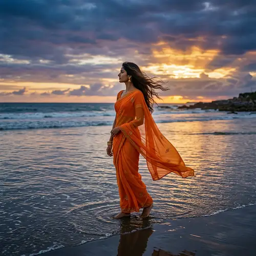 Elegant Indian Woman in Orange Chiffon Saree by the Ocean