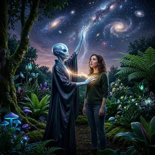 Alien and Human Energy Connection in Lush Garden | Mystical Scene