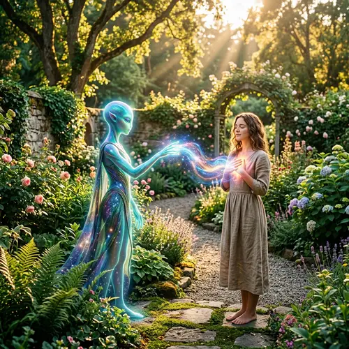 Cosmic Encounter: Extraterrestrial Being in Lush Garden