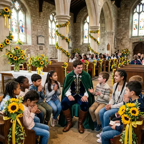 Ethnic Group Praying with Prince in Sunflower-Decorated Church