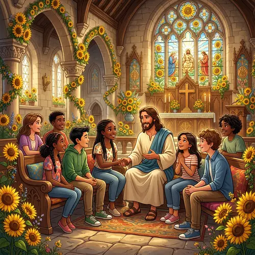 Animated Jesus Praying and Talking with Young People in Sunflower-Adorned Church