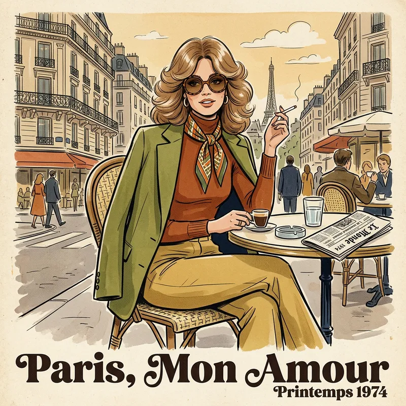 1970s Parisian Woman in Chic Cafe Style