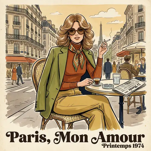 1970s Parisian Woman in Chic Cafe Style