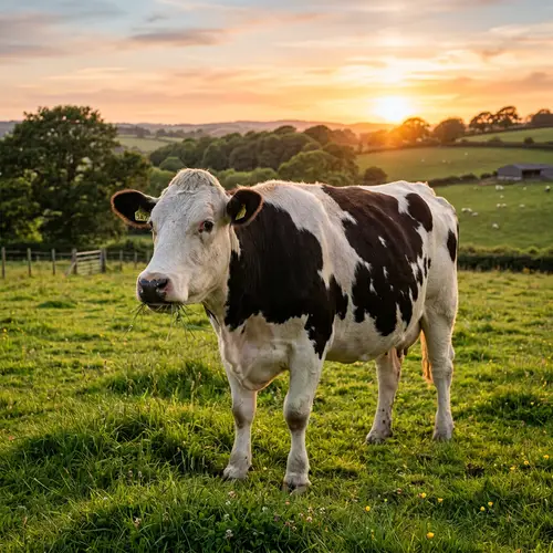 Adult Cow Grazing in Green Pasture | Tranquil Scene at Sunset