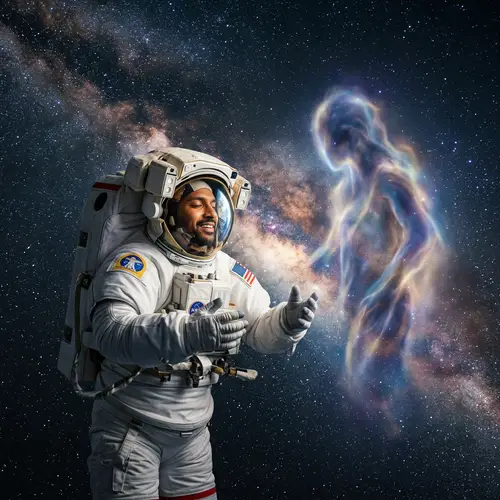 Astounding Scene in Deep Space: Astronaut and Ethereal Being