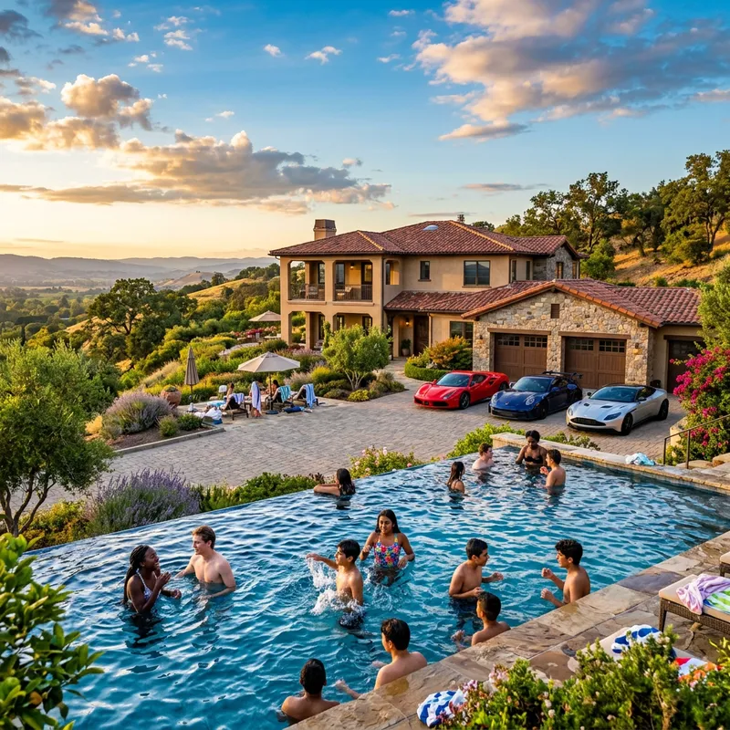 Hilltop House on August Evening with Pool and Sports Cars Hilltop House on August Evening with Pool and Sports Cars
