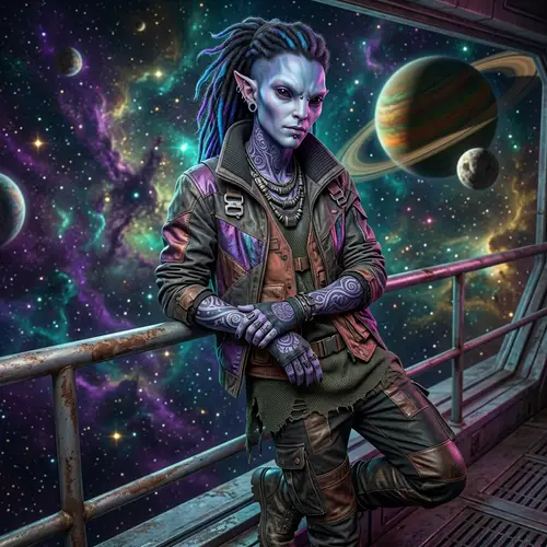 Edgy Alien Character with Piercing and Tattoos in Cosmic Universe