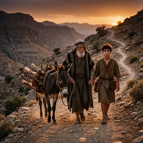 Aged Man and Teen Son Ascend Mountain with Donkey: Symbolic Journey