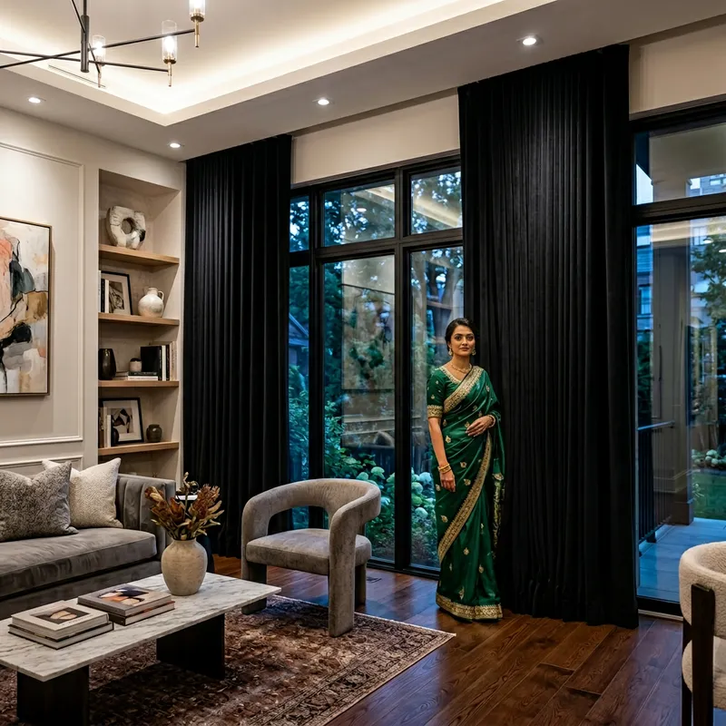 Elegant Modern Interior with Black Curtains - Stylish Furniture