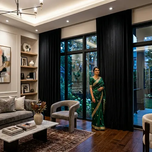 Sophisticated Modern Interior Design with Black Curtains and Stylish Furniture