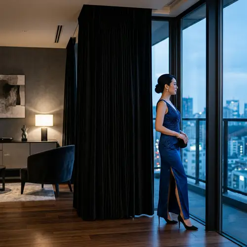 Modern Interior Design with Black Curtains and Elegant Woman