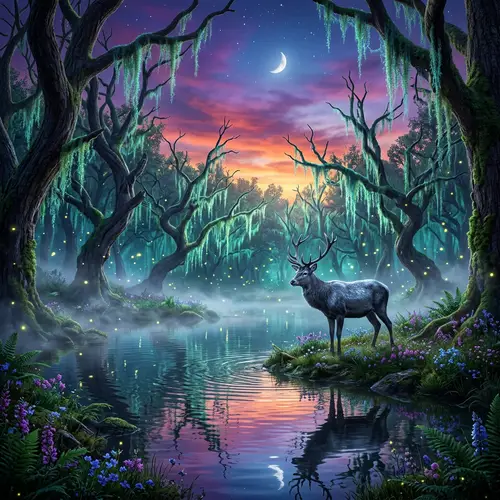 Enchanting Twilight Forest with Moonlit Pond