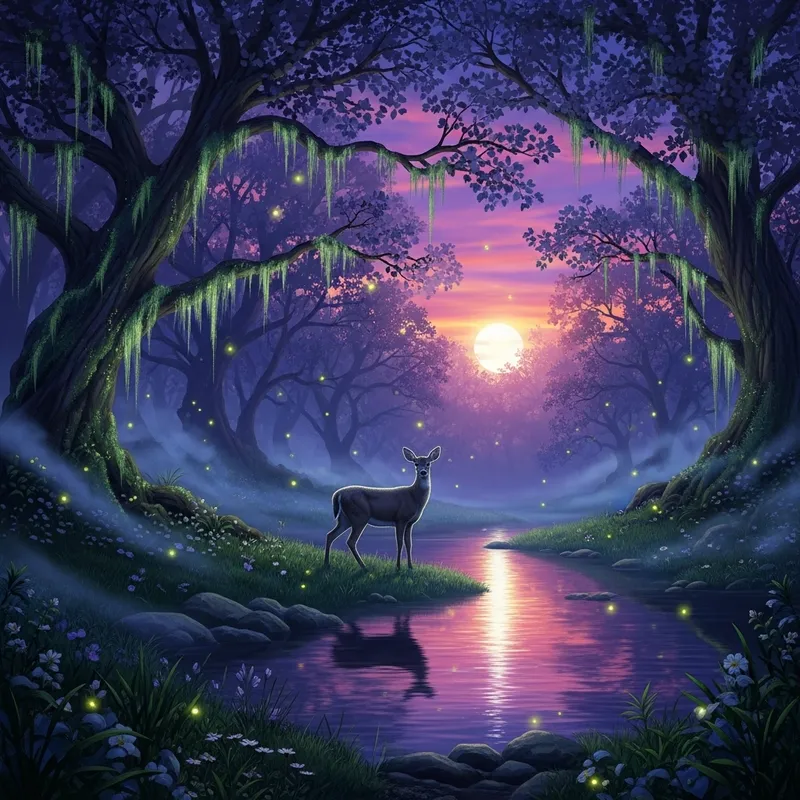 Enchanting Twilight Forest with Moonlit Pond Enchanting Twilight Forest with Moonlit Pond