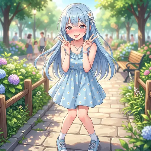 Anime Girl with Light Blue Hair in Playful Pose