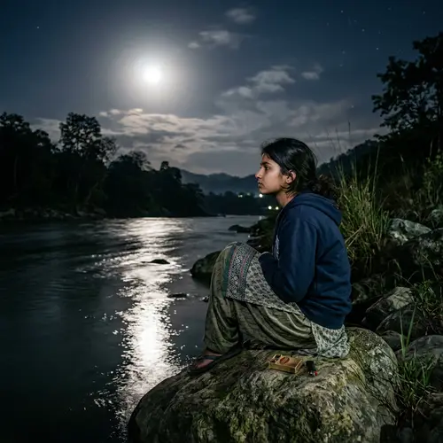 Serenely Flowing River Night Scene: South Asian Teenage Girl Under Moonlight