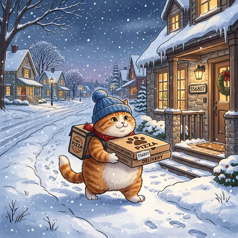 Fat Cat Delivery Pizza on Winter - Cute Orange Cat