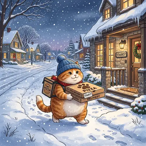 Fat Cat Delivery Pizza on Winter - Cute Orange Cat