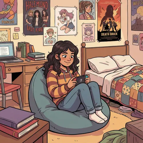 Teenage Girl Playing Handheld Video Game in Colorful Room