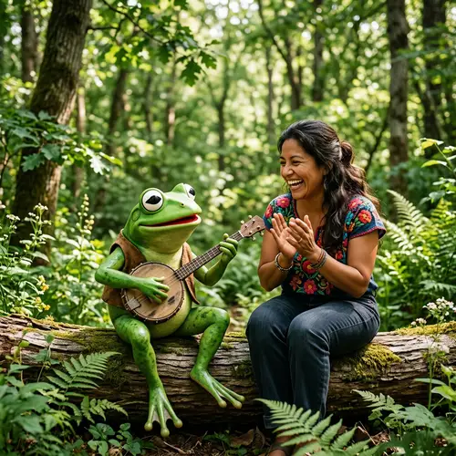 Whimsical Frog Plays Banjo with Hispanic Woman in Forest