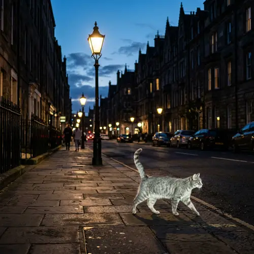 Ethereal Cat Strolling Through City Streets at Night
