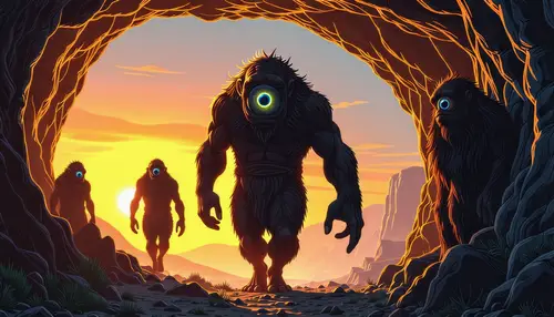 Greek Mythology Cyclops Walking Out of Cave at Sunset