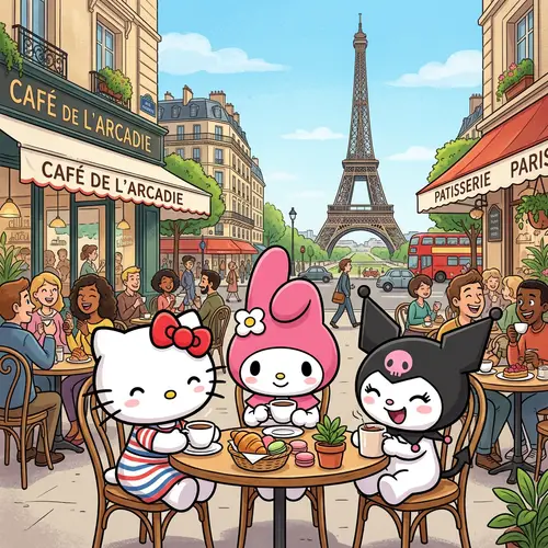 Paris Café with Cartoon Characters | Lively Scene with Eiffel Tower