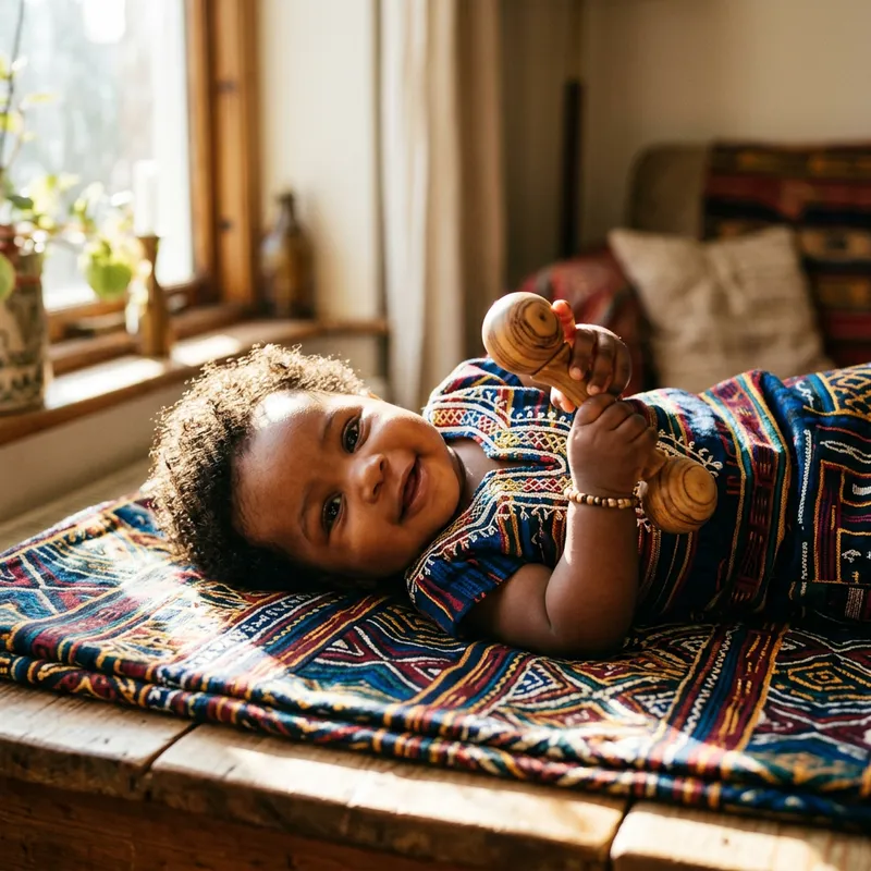 Cute African Cameroonian Baby with Traditional Wooden Rattle
