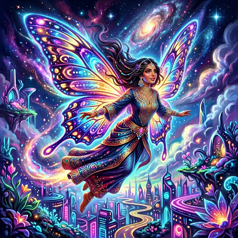 Surreal Digital Portrait of Middle-Eastern Woman with Luminescent Butterfly Wings