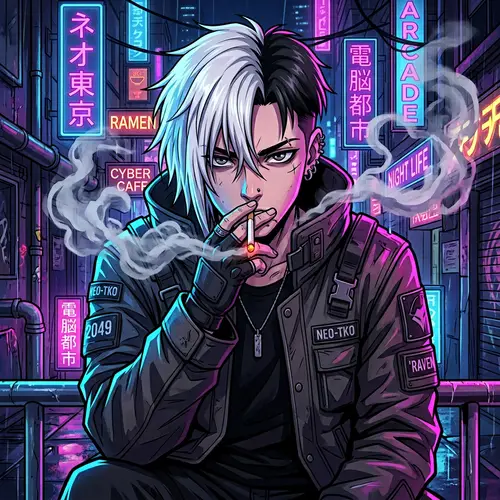 Anime Male Character with Dual-Toned Hairstyle | Cyberpunk Art