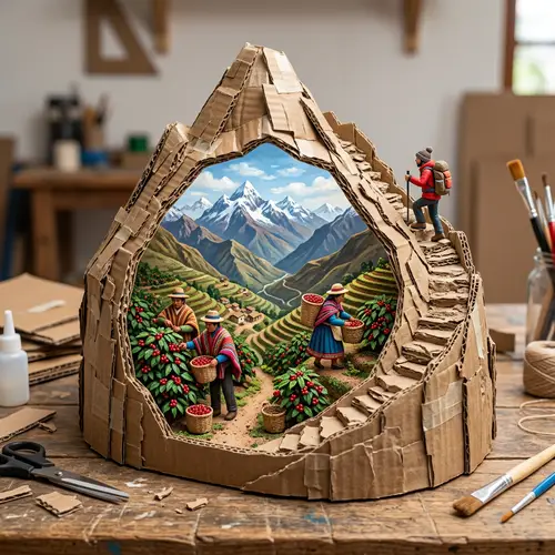 3D Cardboard Mountain with Hiker & Andes Background