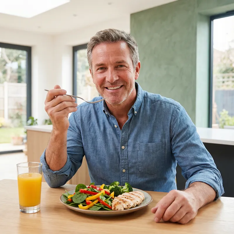 Man Eating Healthy - Colorful Veggies & Lean Chicken