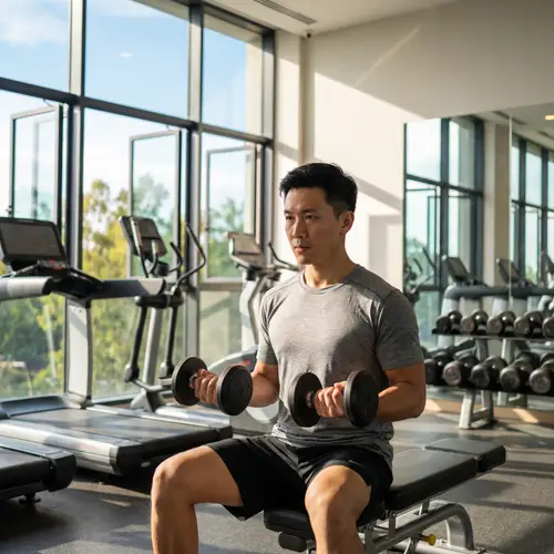 Dedicated Asian Man Working Out in Modern Gym | Fresh Air & Activity