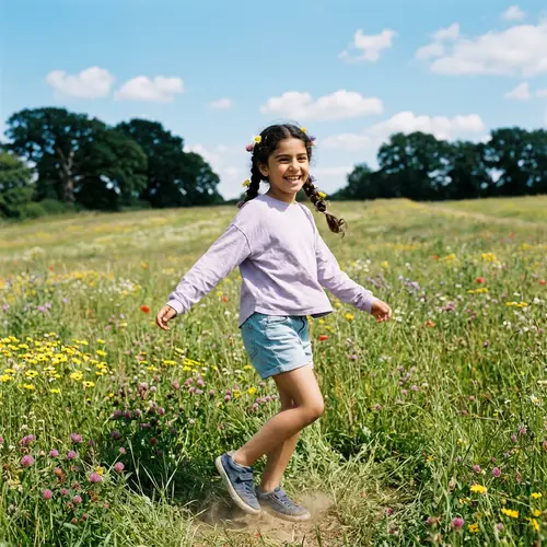 Cheerful Middle Eastern Girl Twirling in Wildflower Field