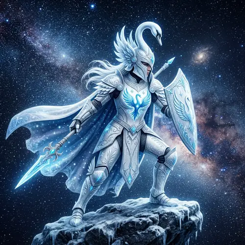 Zodiac Swan Knight | Icy Armored Warrior Pose in Celestial Backdrop