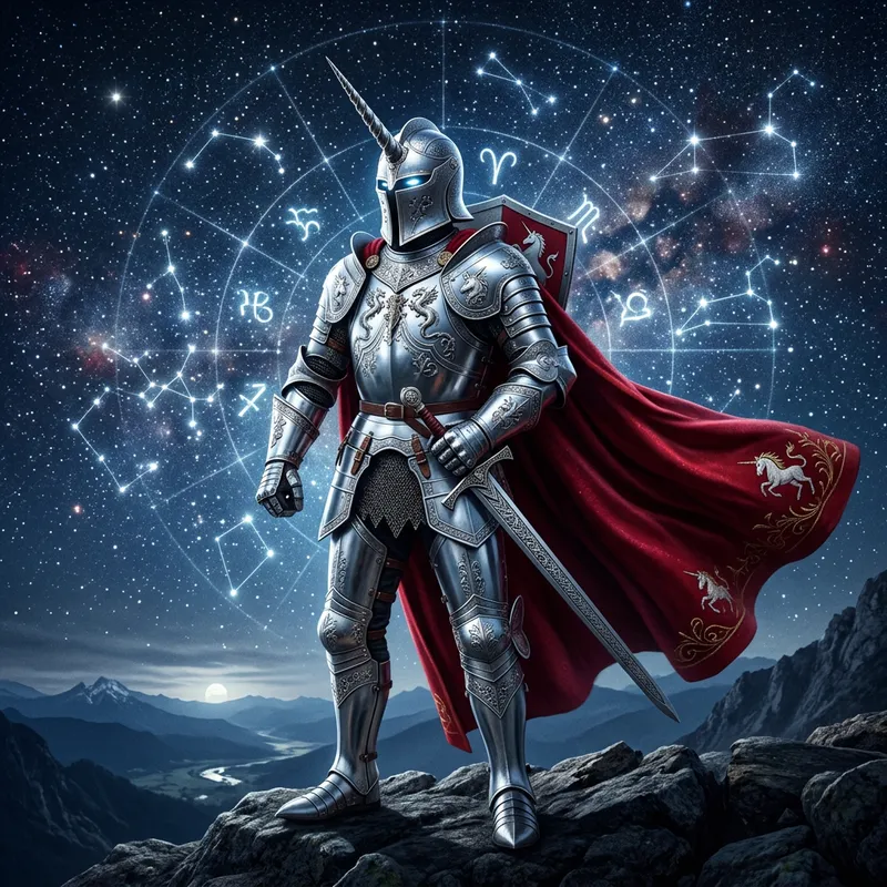 Medieval Knight with Unicorn and Zodiac Constellations