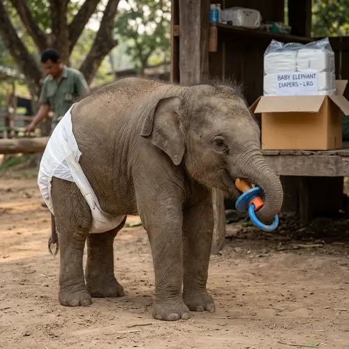 Adorable Baby Elephant in Diapers and Pacifier