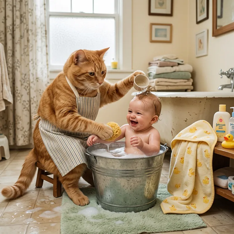 Cute Cat Bathing Baby: Heartwarming Moment Cute Cat Bathing Baby: Heartwarming Moment