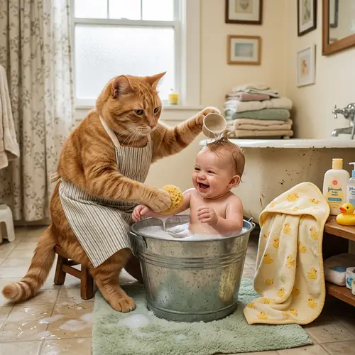 Cute Cat Bathing Baby: Heartwarming Moment