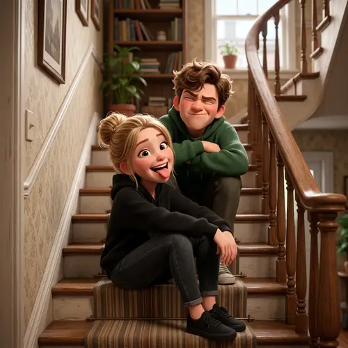 Pixar Style Fun: Playful Characters on a Staircase