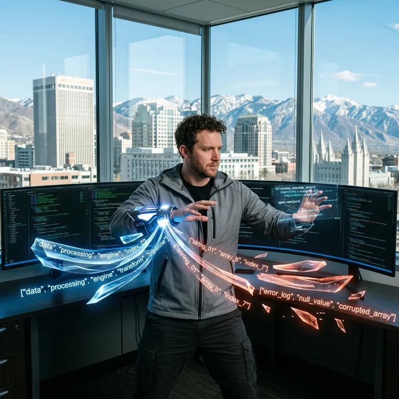 Caucasian Data Engineer Battles Symbolized String Array Data in Salt Lake City