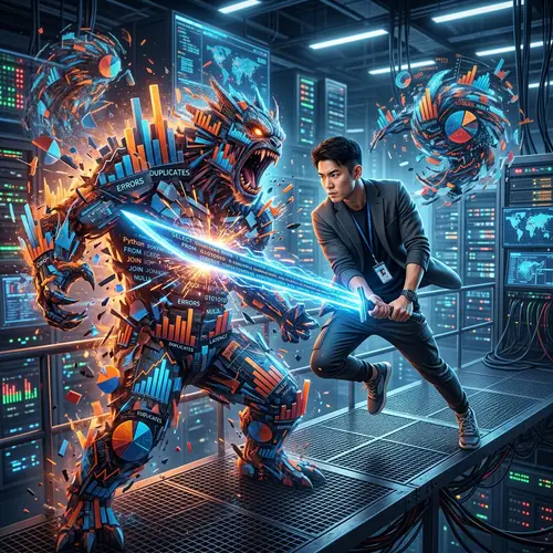 Data Engineer Battling Data Monsters | Futuristic Scene